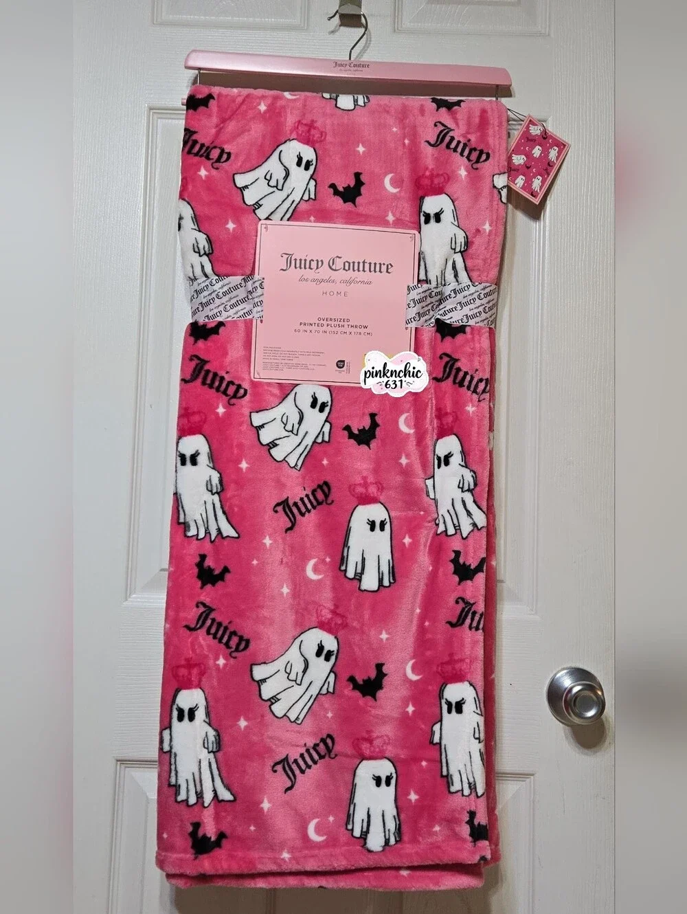 VIRAL JUICY COUTURE HOT PINK CROWN & LOGO GHOST PLUSH THROW BLANKET